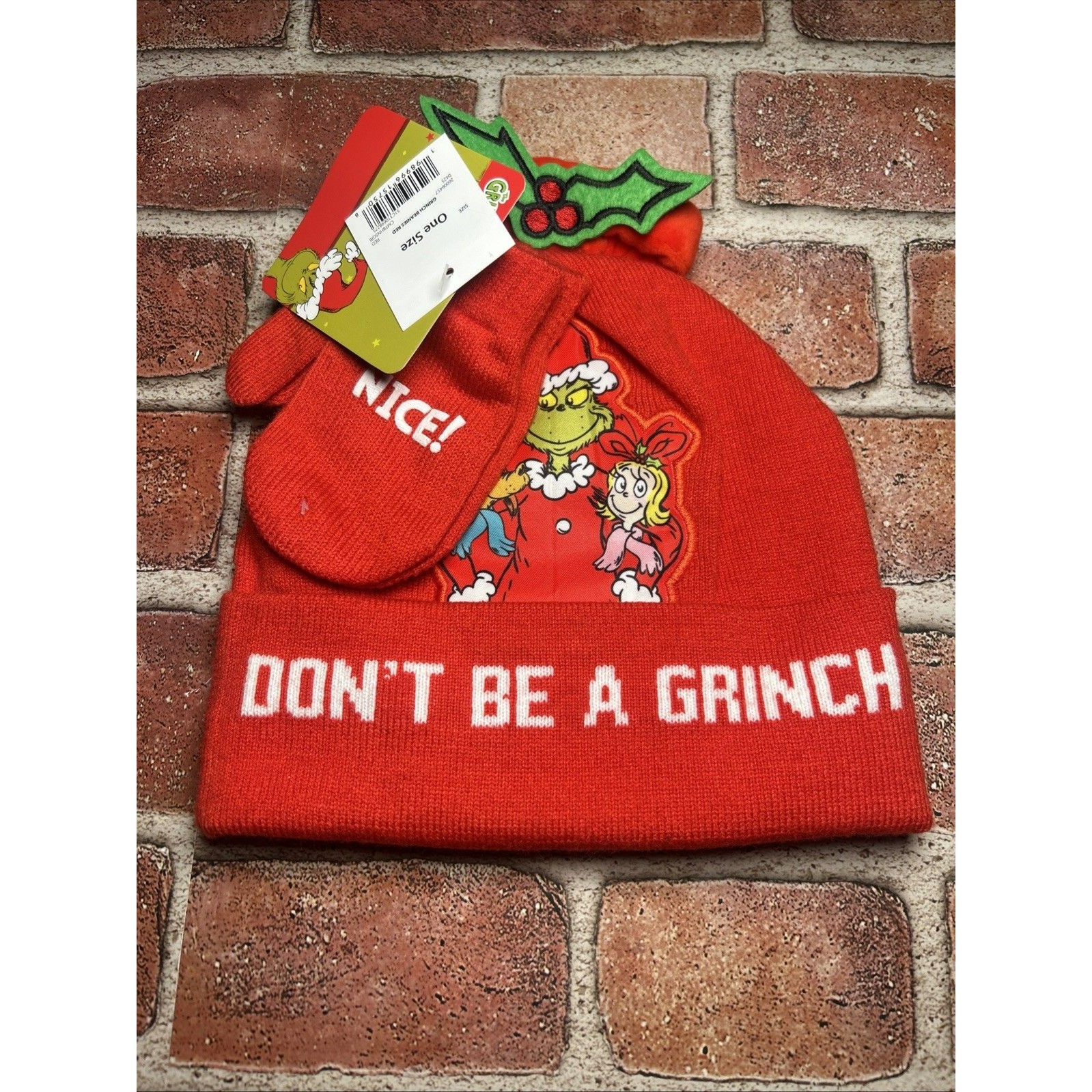 Dr. Seuss Don’t Be A Grinch Red Hat Beanie & Mittens Set Toddler Kids One Size